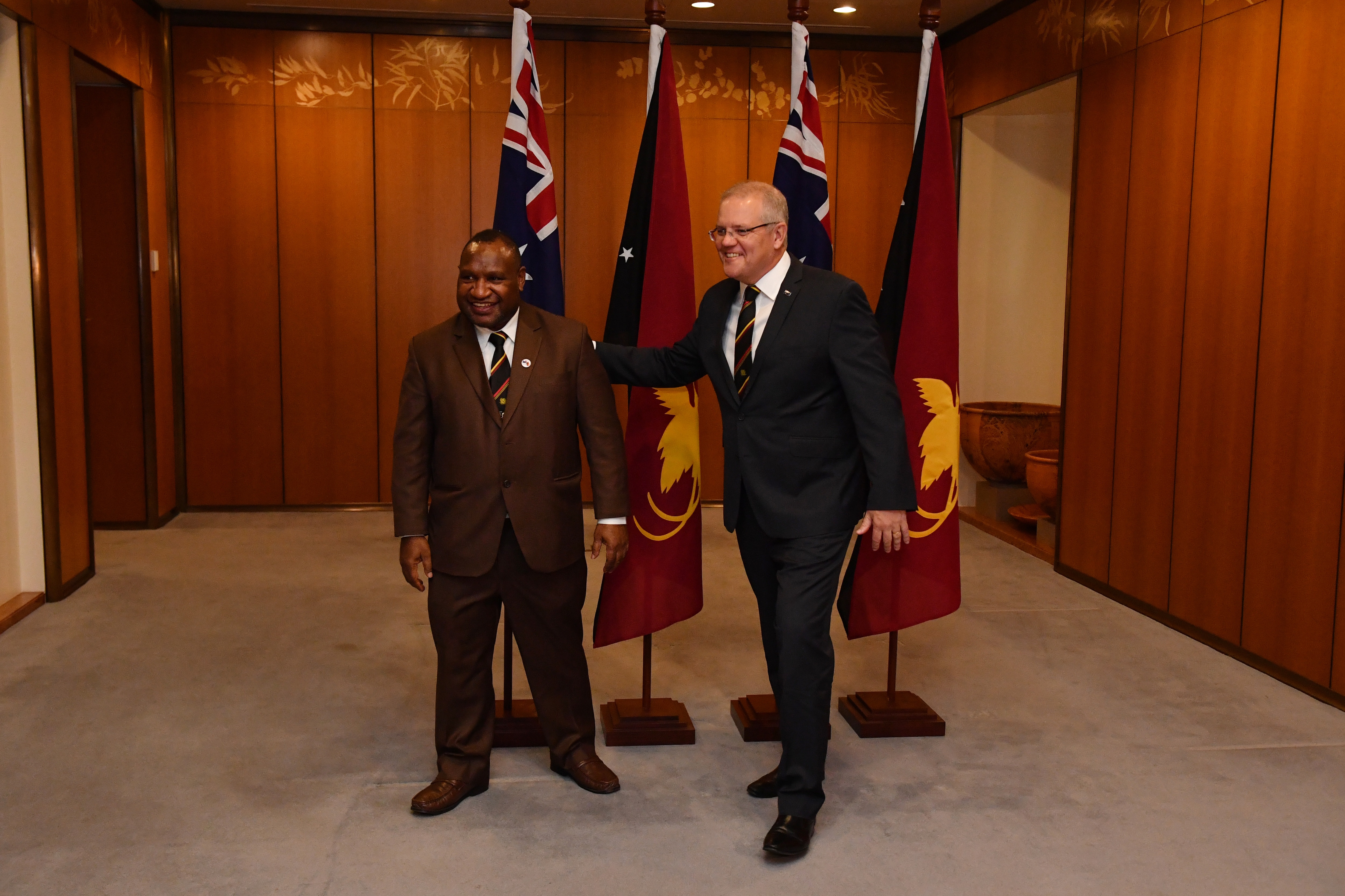 Prime Minister Scott Morrison and Papua New Guinea's Prime Minister James Marape at Parliament House in Canberra, Monday, July 22, 2019. (AAP Image/Mick Tsikas) NO ARCHIVING