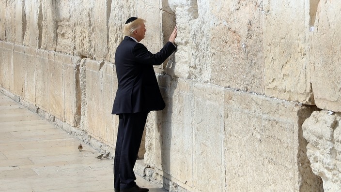 Donald Trump touches the Western Wall in Jerusalem's Old City on 22 May 2017.