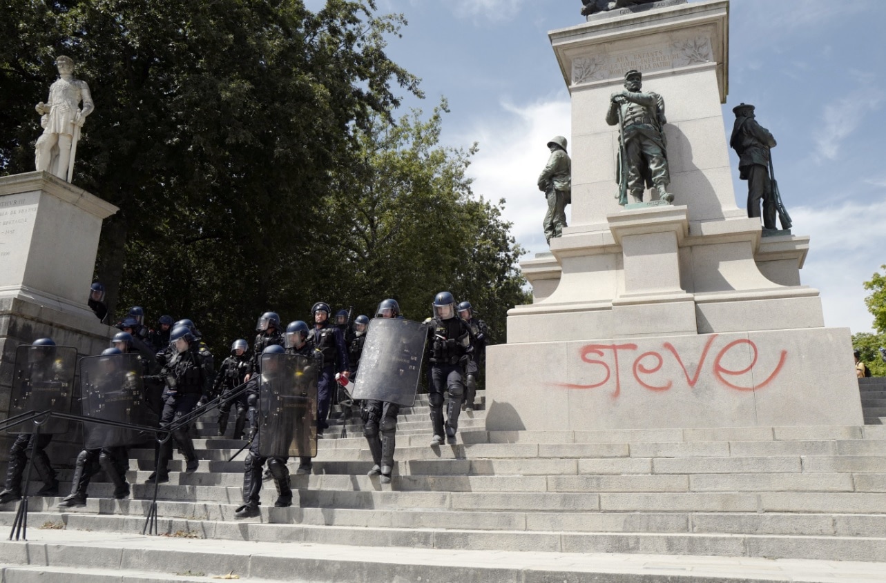Riot mobile gendarmes are deployed during a rally in central Nantes, France, 03 August 2019, called in memory of Steve Maia Canico. Riot mobile gendarmes are deployed during a rally in central Nantes, France, 03 August 2019, called in memory of Steve Maia Canico.