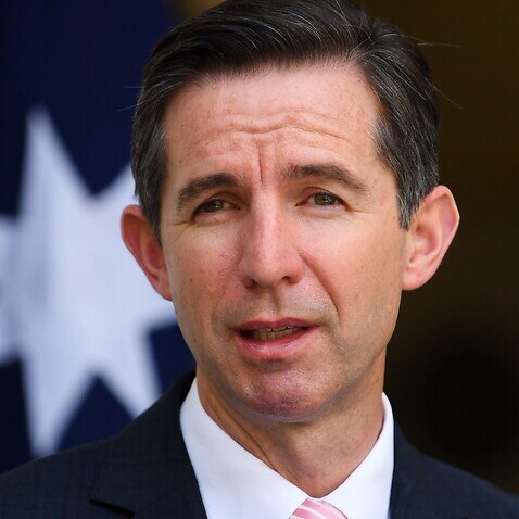 Australian Finance Minister Simon Birmingham speaks during a press conference at Parliament House in Canberra, Tuesday, November 30, 2021.
