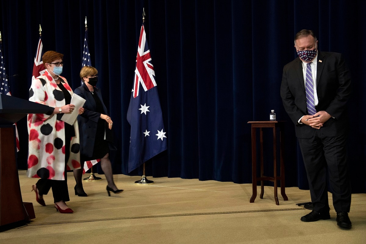 US Secretary of State Mike Pompeo waits for Australia's Foreign Minister Marise Payne and Australia's Minister for Defense Linda