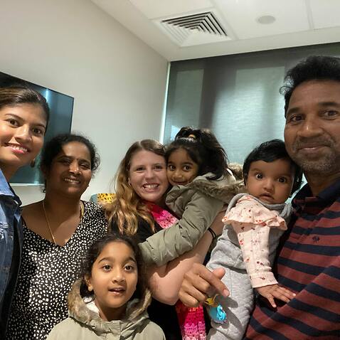 The Murugappan family were reunited with their friends Angela Fredericks and Vashini Jayakumar in Perth on Thursday.