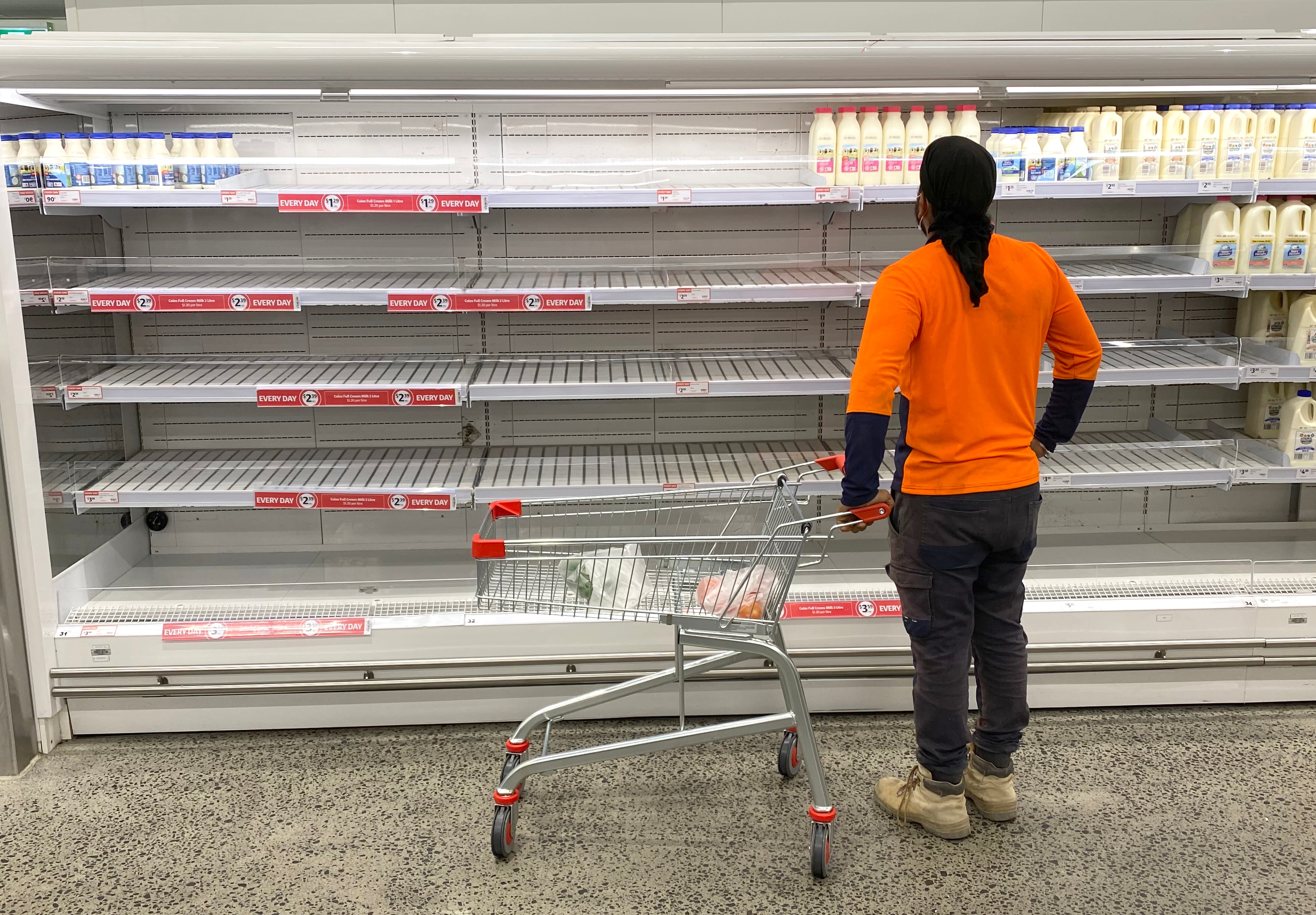 A shopper is seen looking at the empty shelves inside the Coles Supermarket at Kedron in Brisbane on 8 January, 2021. 