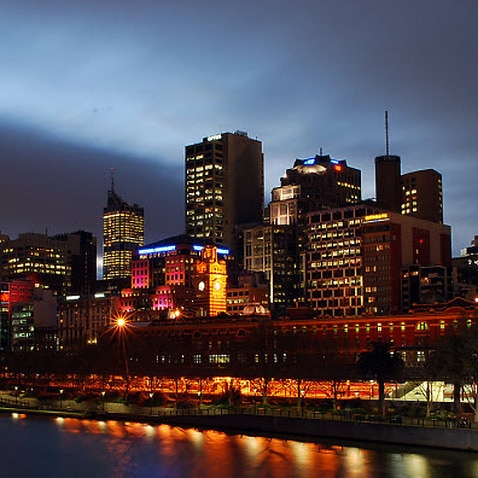 Lighted nighttime skyline of Melbourne