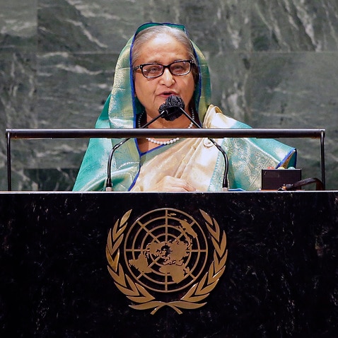 Sheikh Hasina, Prime Minister of Bangladesh addresses the 76th Session of the U.N. General Assembly at United Nations headquarters in New York. 