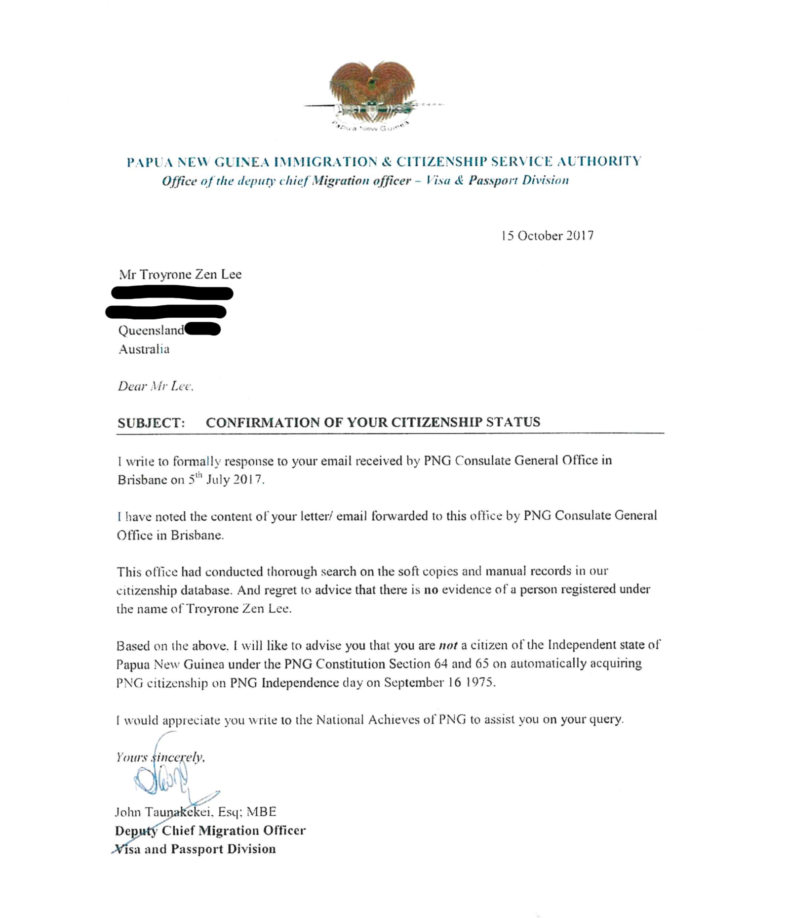 The letter confirming Mr Lee is not a PNG citizen.