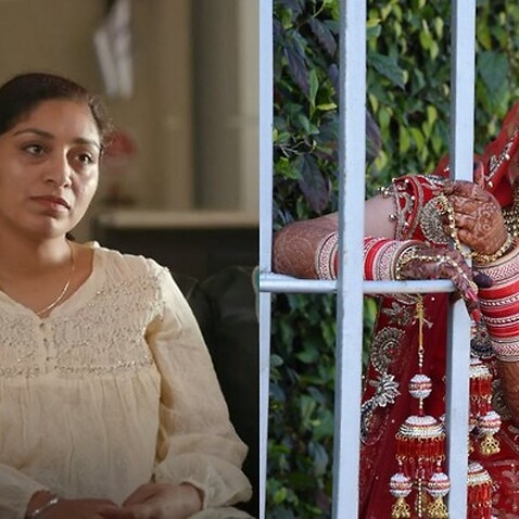 Simranjit Kaur Sandhu (left, on The Feed; and right at the time of marriage)