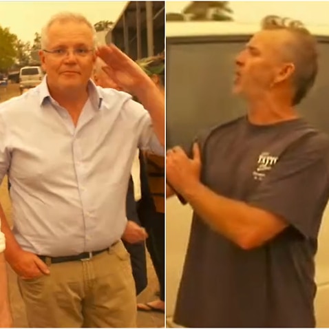 Prime Minister Scott Morrison is heckled as he tours a fire-ravaged community.