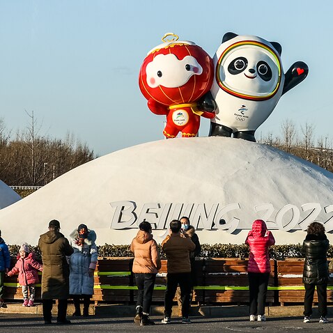 A view of the Beijing 2022 Olympics and Paralympics mascots panda Bing Dwen Dwen and lantern Shuey Rhon Rhon. 
