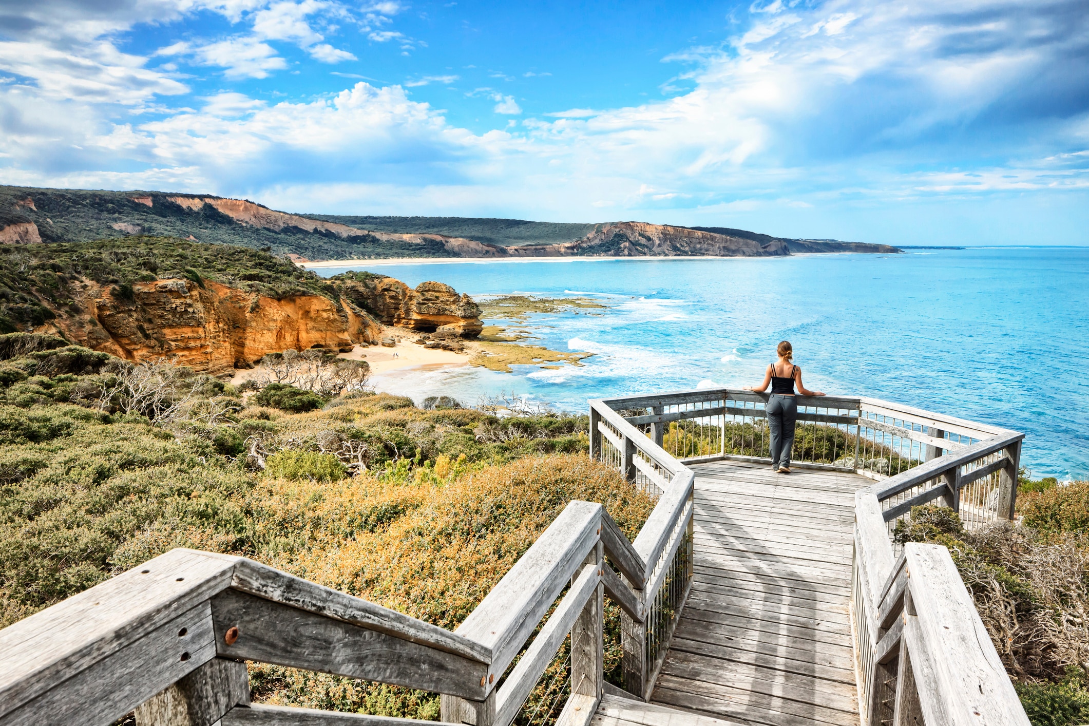 A woman look at Ocean at Bells Beach near Torquay, Victoria, Australia, South Pacific