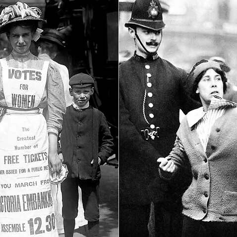 A suffragette campaigns for women's vote in 1908, left and right, police officers arrest a suffragette.