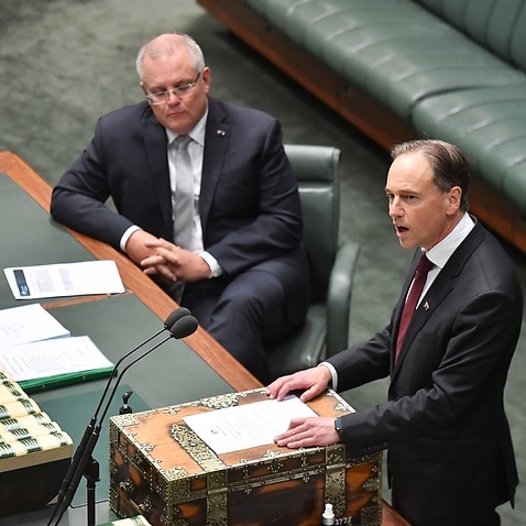 Minister for Health Greg Hunt making a ministerial statement to the House of Representatives at Parliament House in Canberra, Wednesday, May 13, 2020. (AAP Image/Mick Tsikas) NO ARCHIVING