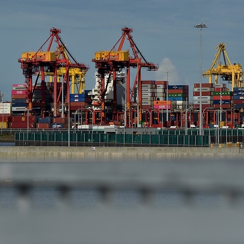 Containers sit idle at the Port Botany container terminal in Sydney, Sunday, May 2, 2021. (AAP Image/Joel Carrett) NO ARCHIVING, EDITORIAL USE ONLY