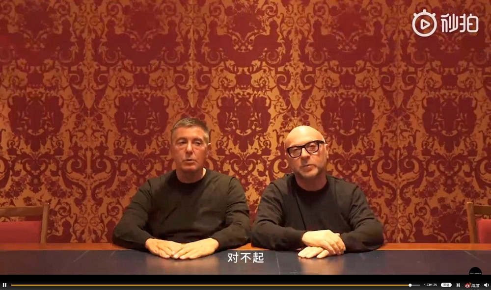 The founders of Italian luxury brand Dolce & Gabbana apologised on Chinese social media over a heavily criticized video advertisement. A still image captured from a video uploaded online on Nov. 23, 2018, shows the founders of Italian luxury brand Dolce & Gabbana S.R.L, apologizing on Chinese social media over a heavily criticized video advertisement. (Kyodo via AP Images) ==Kyodo