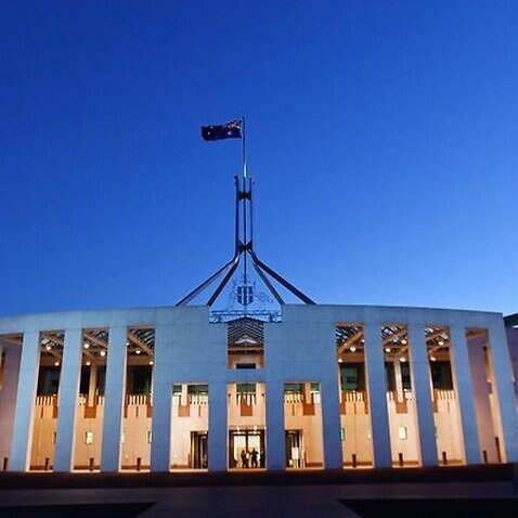 The front entrance of Parliament House in Canberra