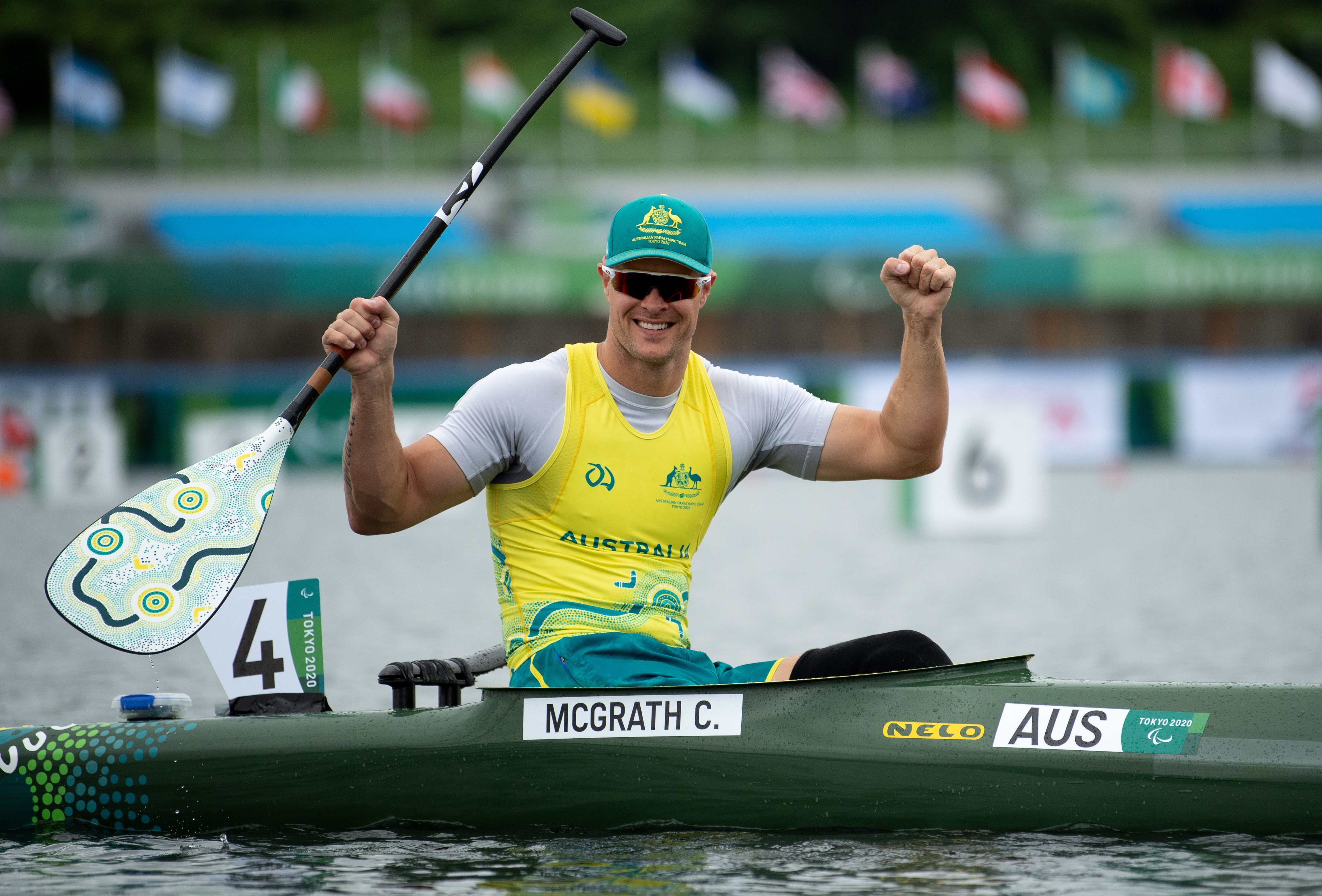 Curtis McGrath celebrates his Gold Medal in the Mens Va'a Single 200m Canoe Sprint VL3 Final A at the Sea Forest Waterway during the Tokyo Paralympic Games.