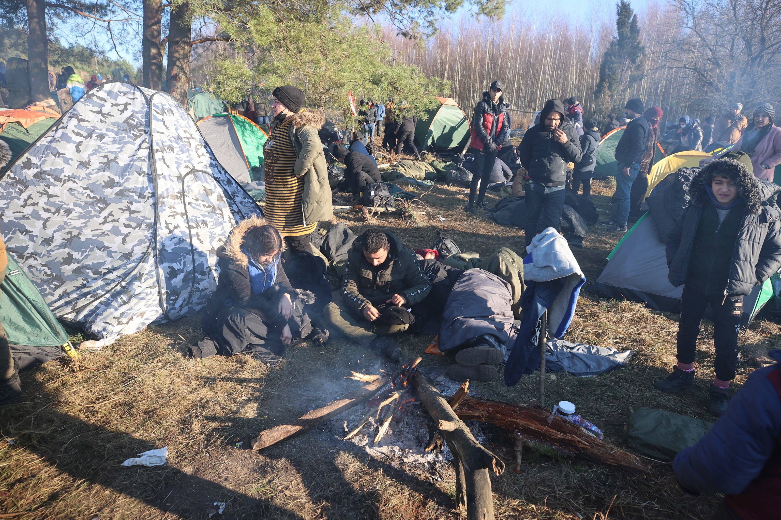 Migrants at their camp near the Belarus-Polish border in the Grodno region, Belarus.