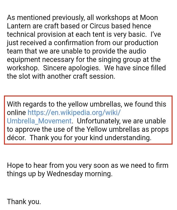 OzAsia disapproved the use of Yellow umbrellas in OzAsia Festival