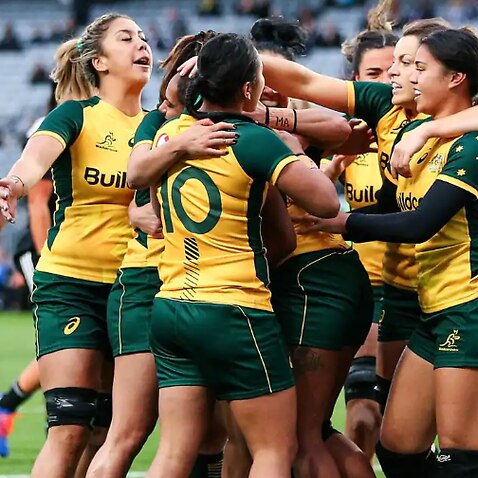 Players from the Australian women's rugby union team, the Wallaroos, pictured in 2017. 