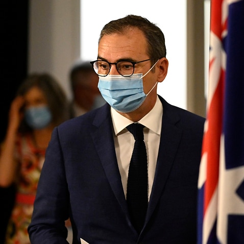 South Australia Premier Steven Marshall arriving to address the media during a press conference in Adelaide.