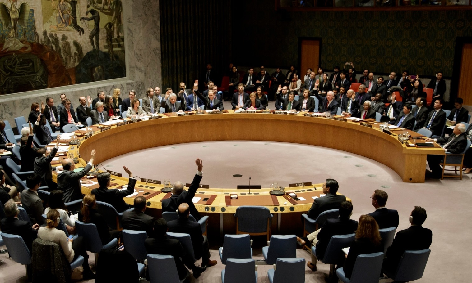 he United Nations Security Council votes to pass a resolution condemning Israeli settlement construction at United Nations headquarters in New York, New York,