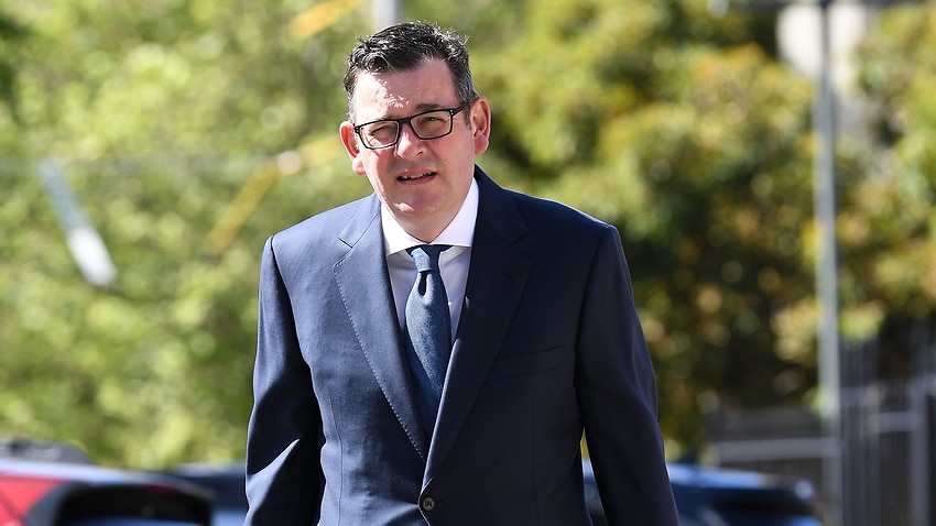 Victorian Premier Daniel Andrews arrives to speak to the media outside the Victorian Parliament in Melbourne, Thursday, October 7, 2021.