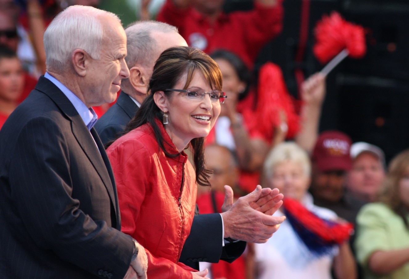 2008 file image:Republican vice presidential candidate Alaska Gov. Sarah Palin, smiles while on stage between Republican presidential candidate Sen. John McCain