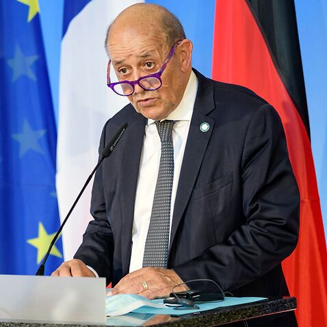 French Foreign Minister Jean-Yves Le Drian speaks in Weimar, Germany. 