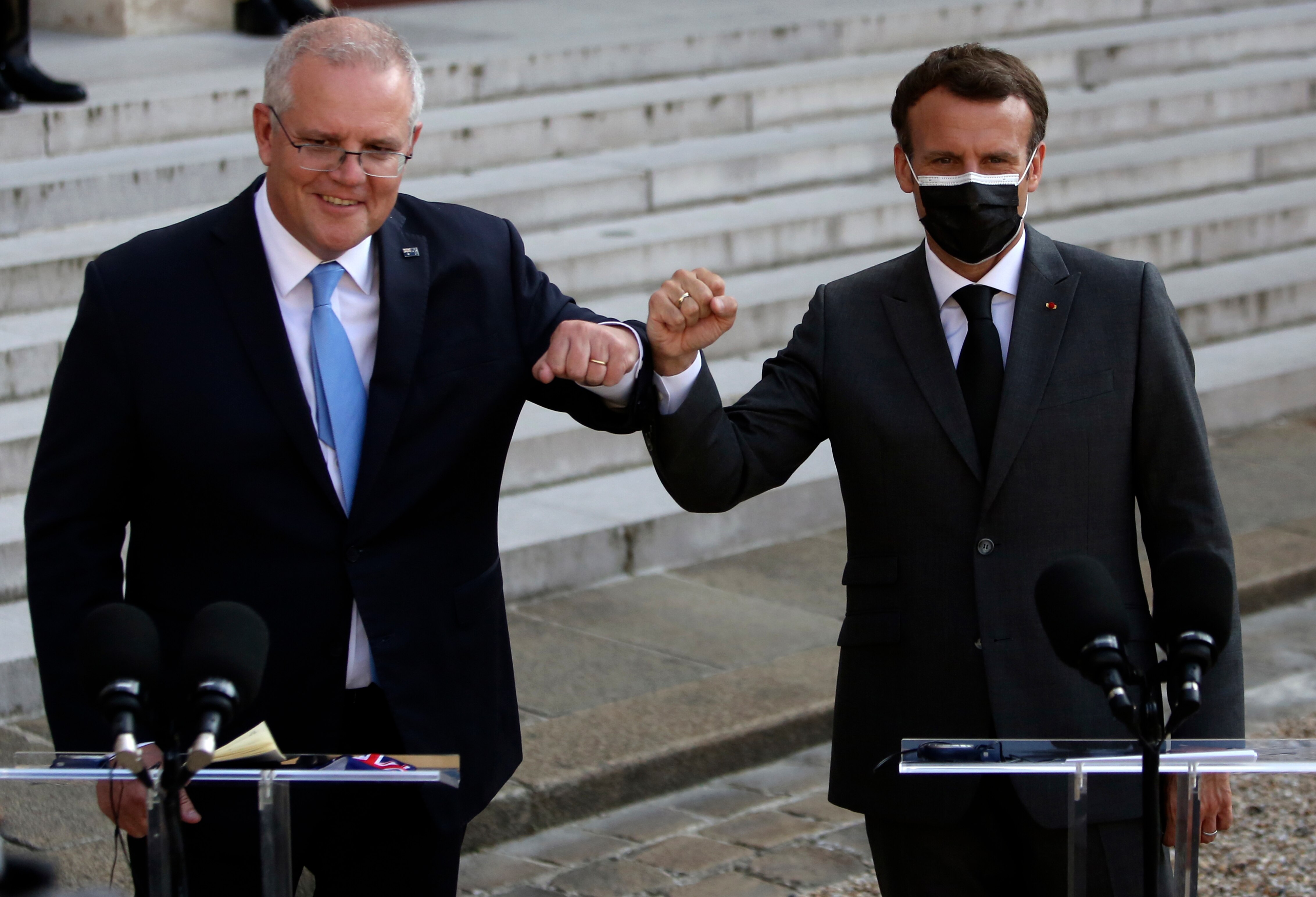 French President Emmanuel Macron, right, and Prime Minister Scott Morrison at a joint press conference before a working dinner in Paris, June 15, 2021. 