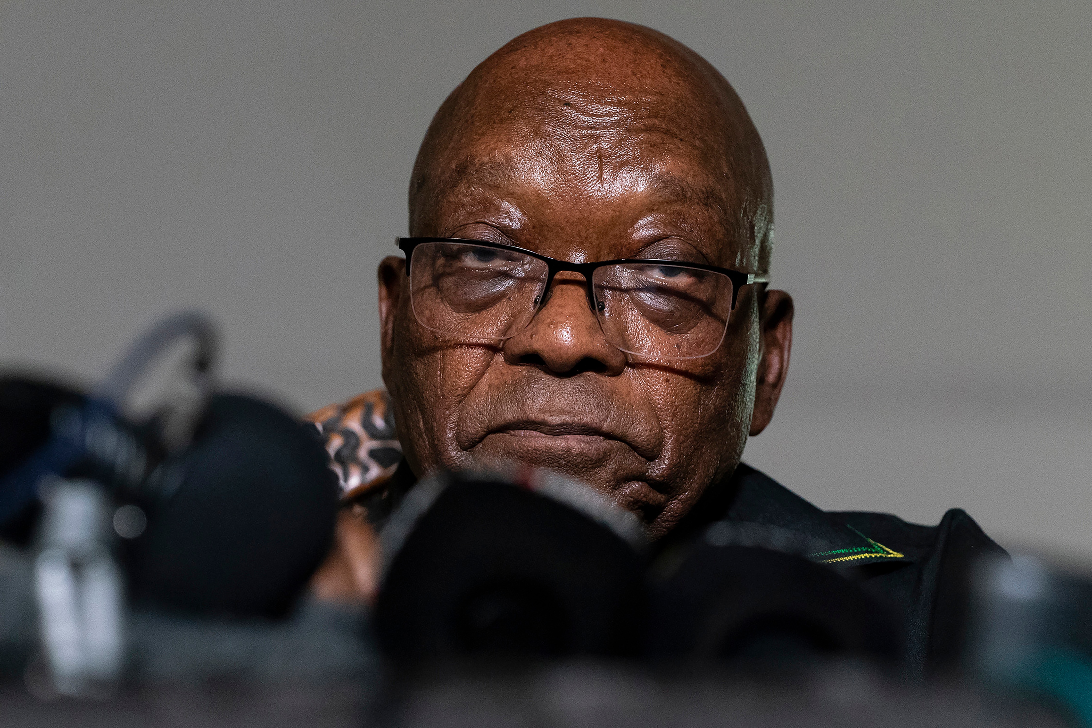 In this Sunday July 4, 2021 file photo, former Jacob Zuma addresses the press at his home