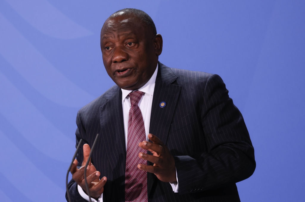South African President Cyril Ramaphosa attends a press conference after the G20 Compact with Africa conference in Berlin  on 27 August, 2021.
