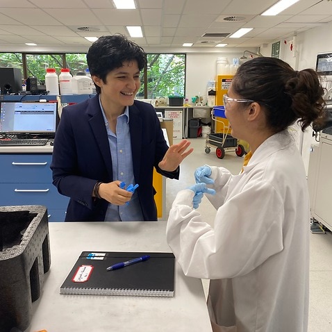 Dr Noushin Nasiri in discussion with a researcher at the NanoTech Laboratory at Macquarie University.