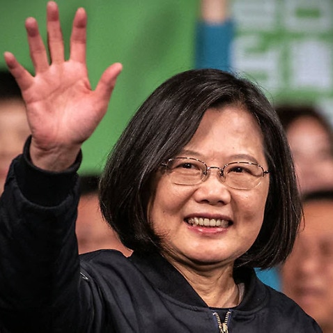 Tsai Ing-Wen waves to supporters following her re-election as President of Taiwan. 