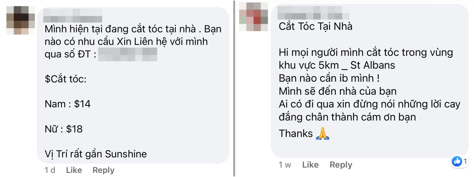 'Illegal' Vietnamese hairdressers offering services on a Facebook group.