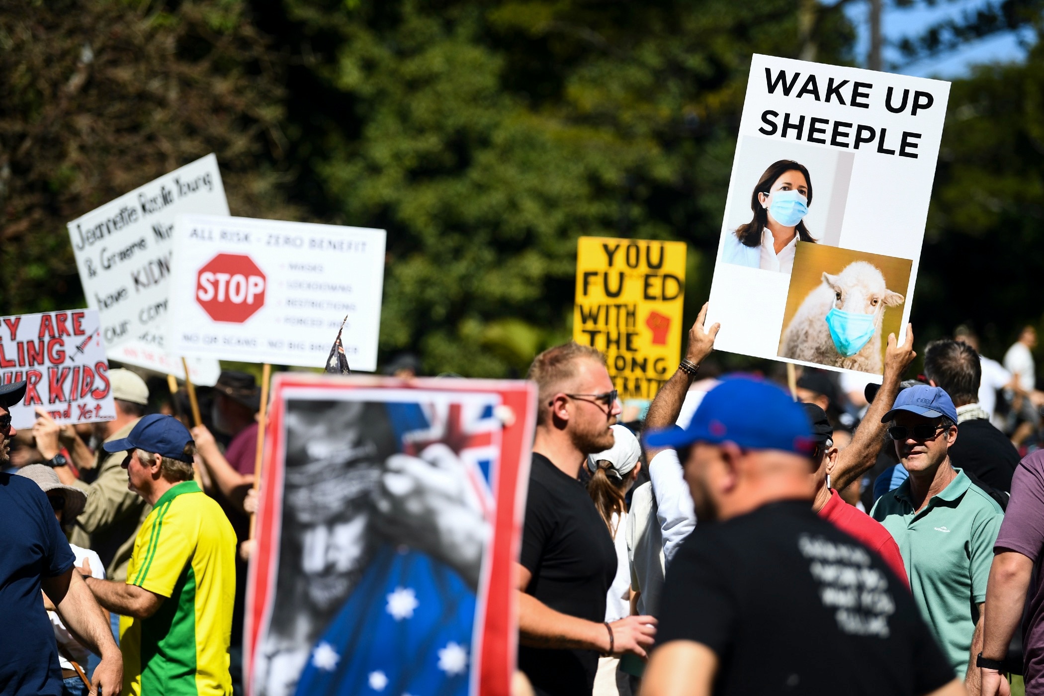 Protesters gather for a 'National Rally for Peace, Freedom and Human Rights' at the Botanic Gardens in Brisbane, on 21 August 2021.