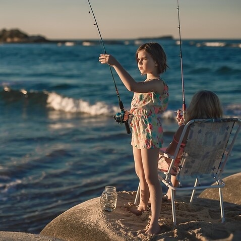 sisters fishing in Sunshine Coast, Australia