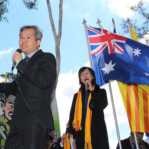 The memorial services at the Vietnam War Memorial and protest in front of the Vietnam embassy in Canberra on 30 April 2016