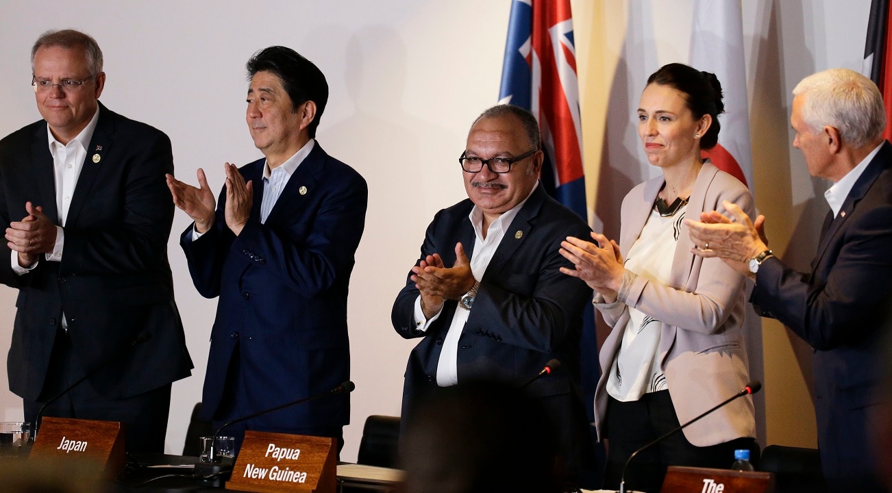 From left, Australian PM Scott Morrison, Japanese PM Shinzo Abe, PNG PM Peter O'Neill, NZ PM Jacinda Ardern and US VP Mike Pence.