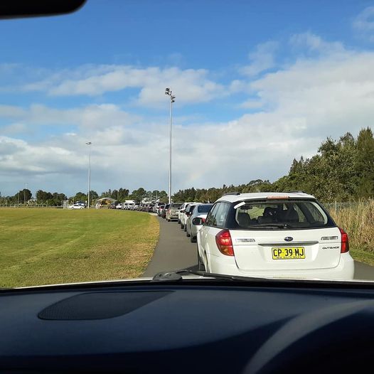 Long lines at a drive-through testing pop-up in Byron.