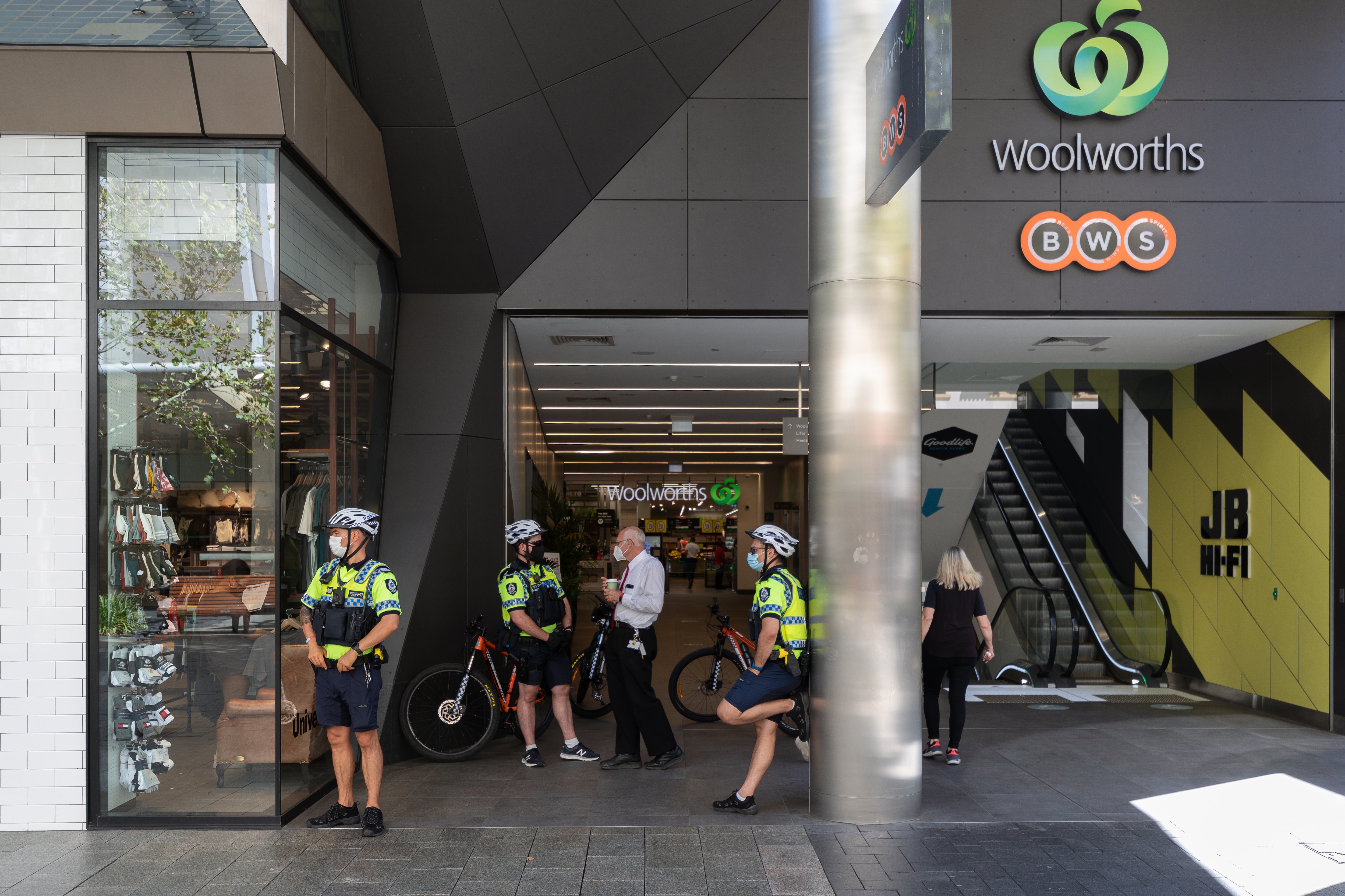 Police are seen monitoring the Perth CBD amid a five-day lockdown on Monday.