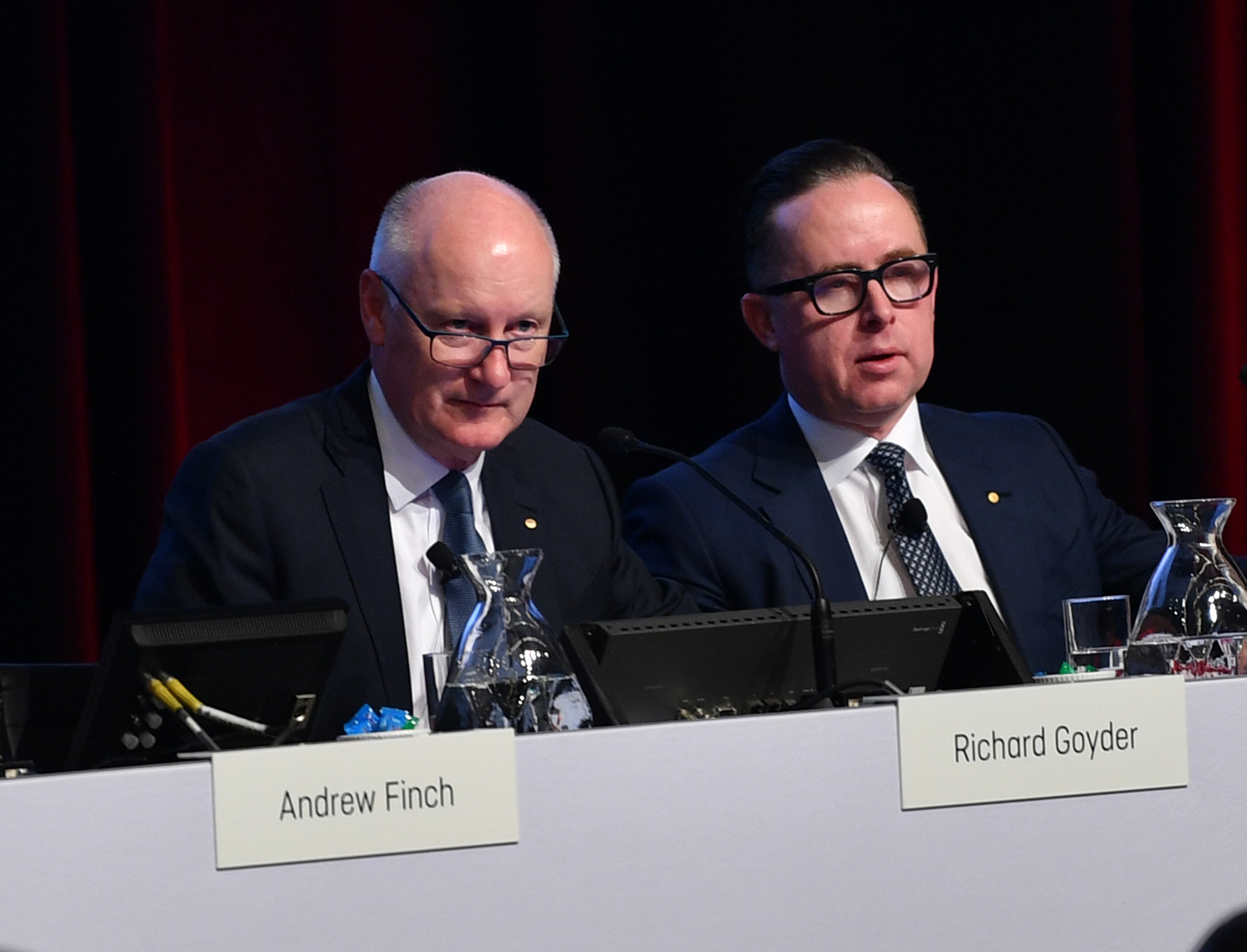 Qantas chairman Richard Goyder and CEO Alan Joyce during the annual general meeting.