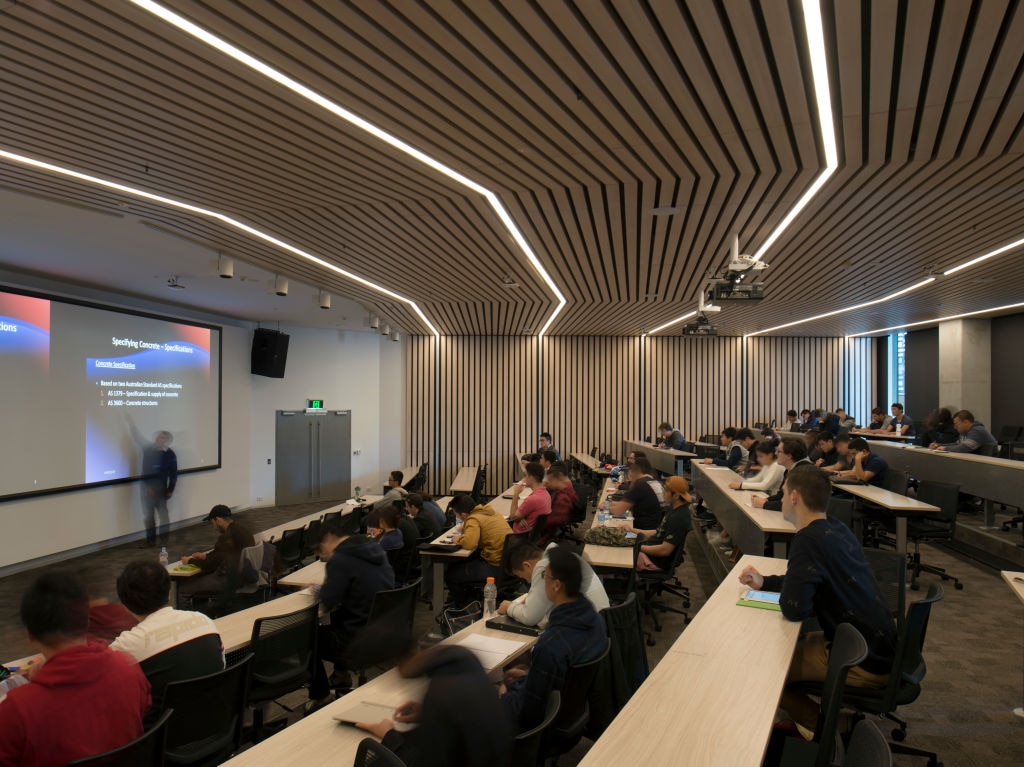 Lecture theatre. Faculty of Engineering + Information Technology, University of Technology Sydney, Sydney, Australia. Architect: Denton Corker Marshall LLP, 2014.