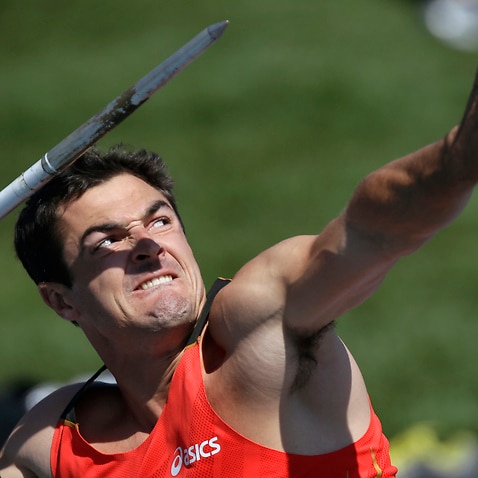 Team Asics' Jake Arnold throws the javelin during the decathlon competition at the Drake Relays athletics meet, Thursday, April 25, 2013, in Des Moines, Iowa. (AP Photo/Charlie Neibergall)