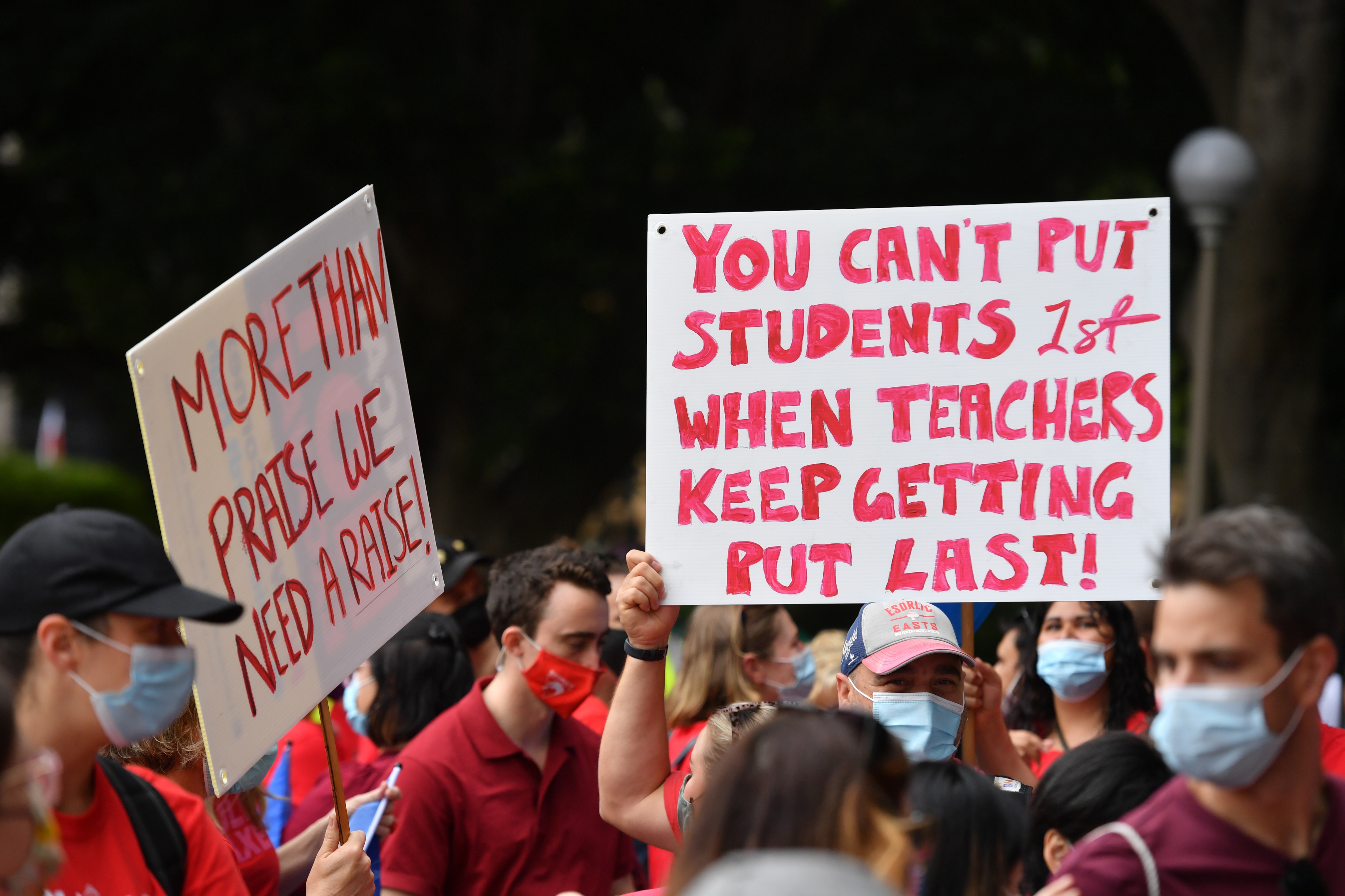 Teachers seen in Hyde Park during a strike by NSW public school teachers and principals in Sydney, Tuesday, 7 December, 2021.