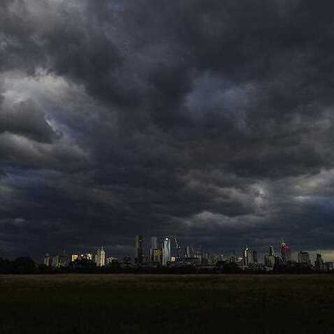 Storm clouds are seen over Melbourne's CBD.