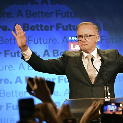 Labor Party leader Anthony Albanese declares victory in Australia's federal election on May 21, 2022. Albanese will replace Scott Morrison to become the country's prime minister. (Kyodo via AP Images) ==Kyodo