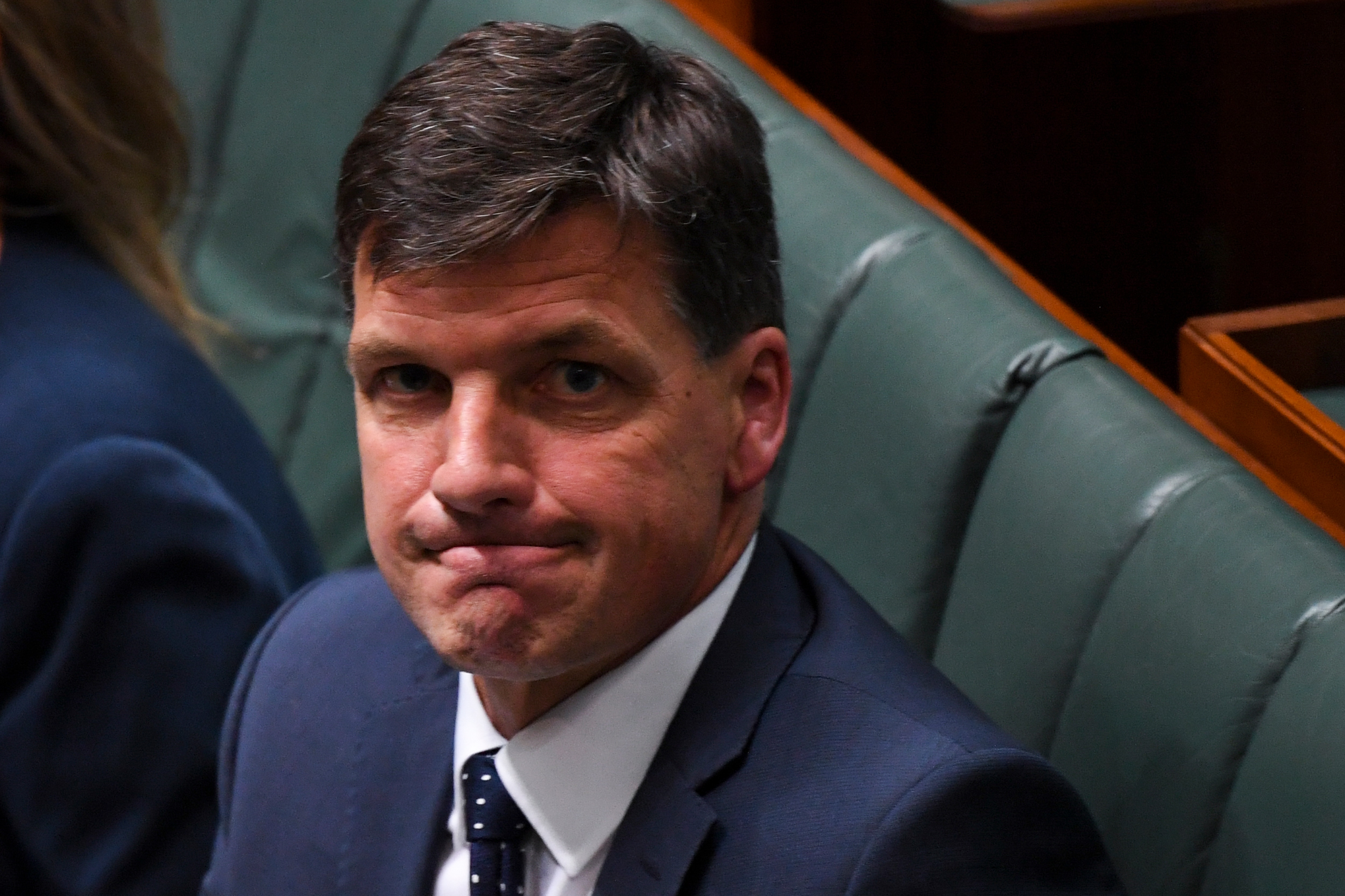 Australian Energy Minister Angus Taylor reacts during House of Representatives Question Time at Parliament House in Canberra, Tuesday, November 26, 2019. (AAP Image/Lukas Coch) NO ARCHIVING