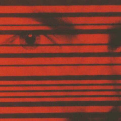 A human face behind the black bars of a barcode