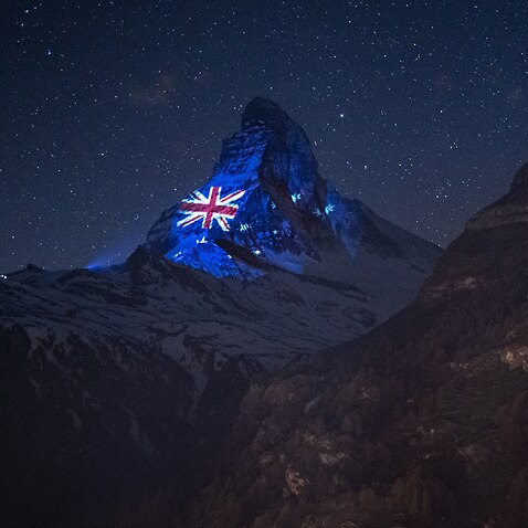 The Australian Flag projected on Mount Matterhorn in the Swiss Alps as a sign of hope and solidarity during coronavirus pandemic.