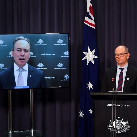 Australian Health Minister Greg Hunt speaks via video link to the media during a press conference at Parliament House in Canberra